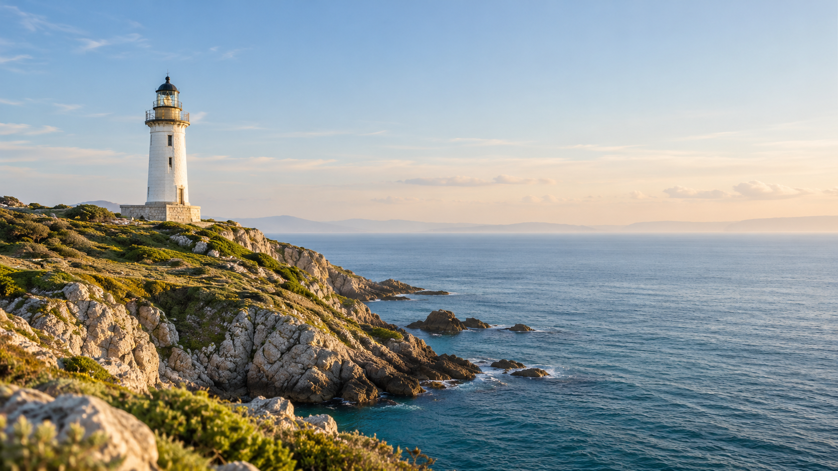 A white lighthouse above a rocky coast and calm sea